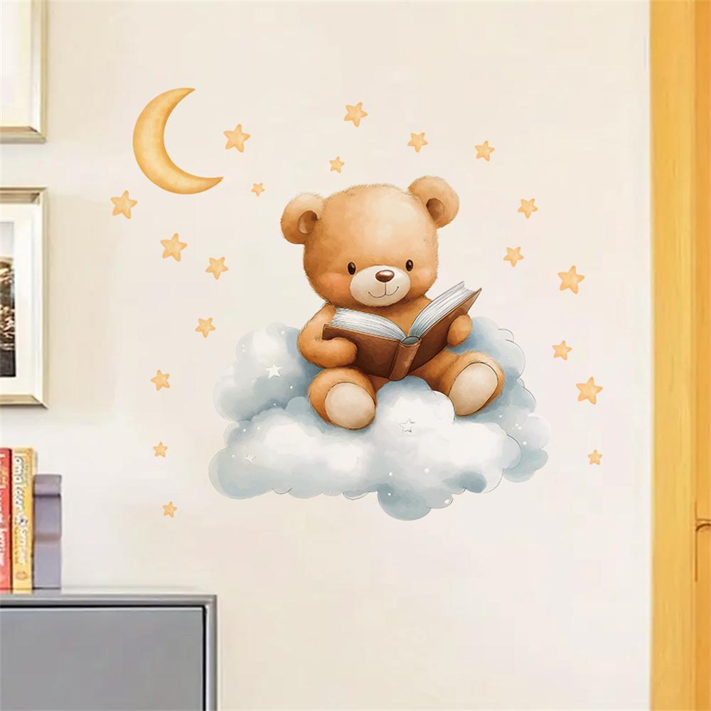 Baby Nursery Wallpaper Girl - かわいいクマムーンスターウォールステッカー子供部屋用女の子男の子ベビールーム装飾漫画動物保育園壁紙ビニール装飾