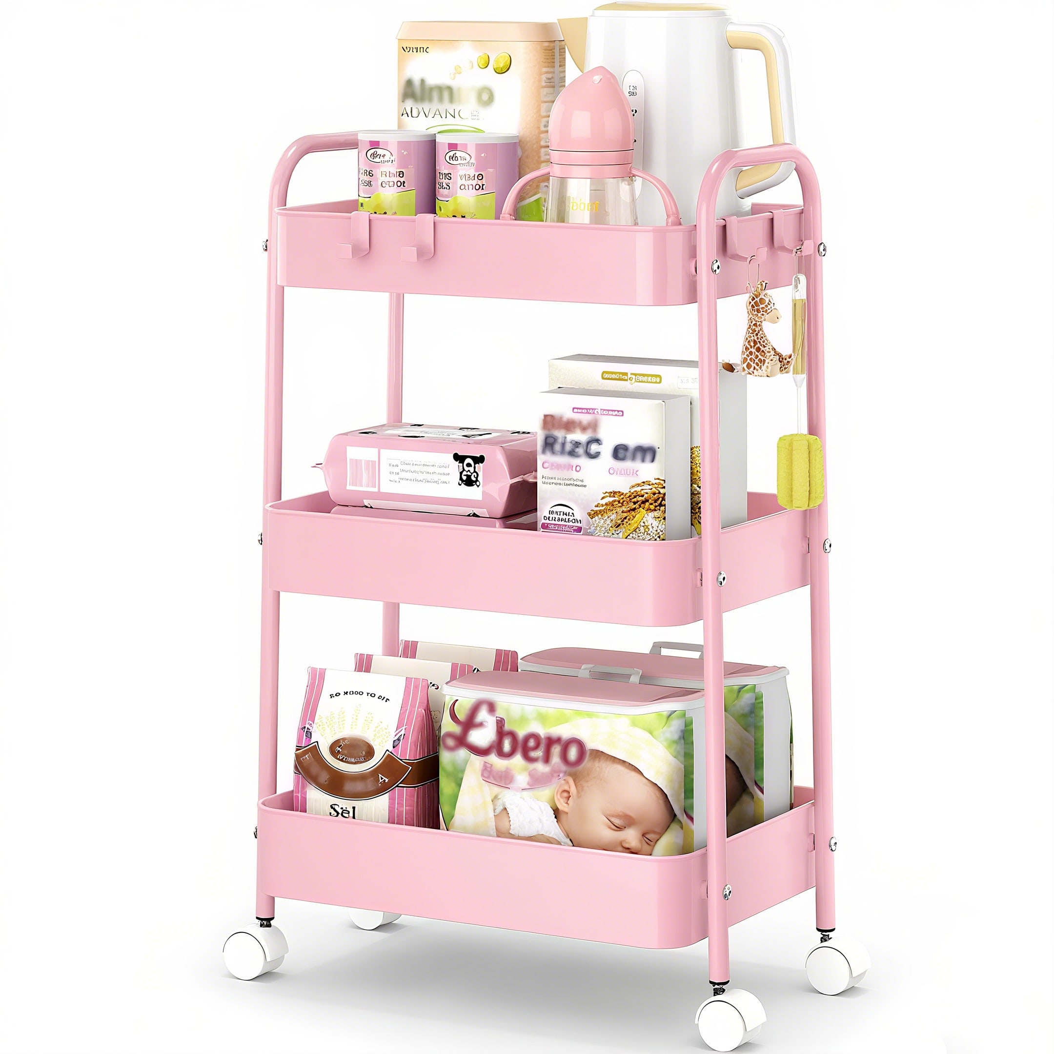 Baby Nursery Basket - 3段式メタルローリングカート（車輪付き）モダンなピンクのユーティリティ収納カートトロリーオーガナイザー、頑丈なメッシュバスケットユニット、ロック可能なキャスター付き、保育園、ベビー用品、キッチン、バスルーム、オフィス、メイクアップ、新築祝いのギフトに最適