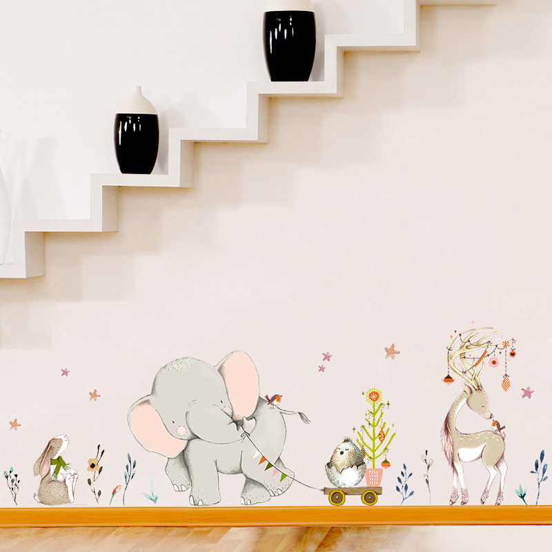 Baby Nursery Mural Wallpaper - ハッピーベビーゾウバニーウォールステッカーキッズルーム家の装飾壁画漫画動物保育園の装飾自己粘着壁紙