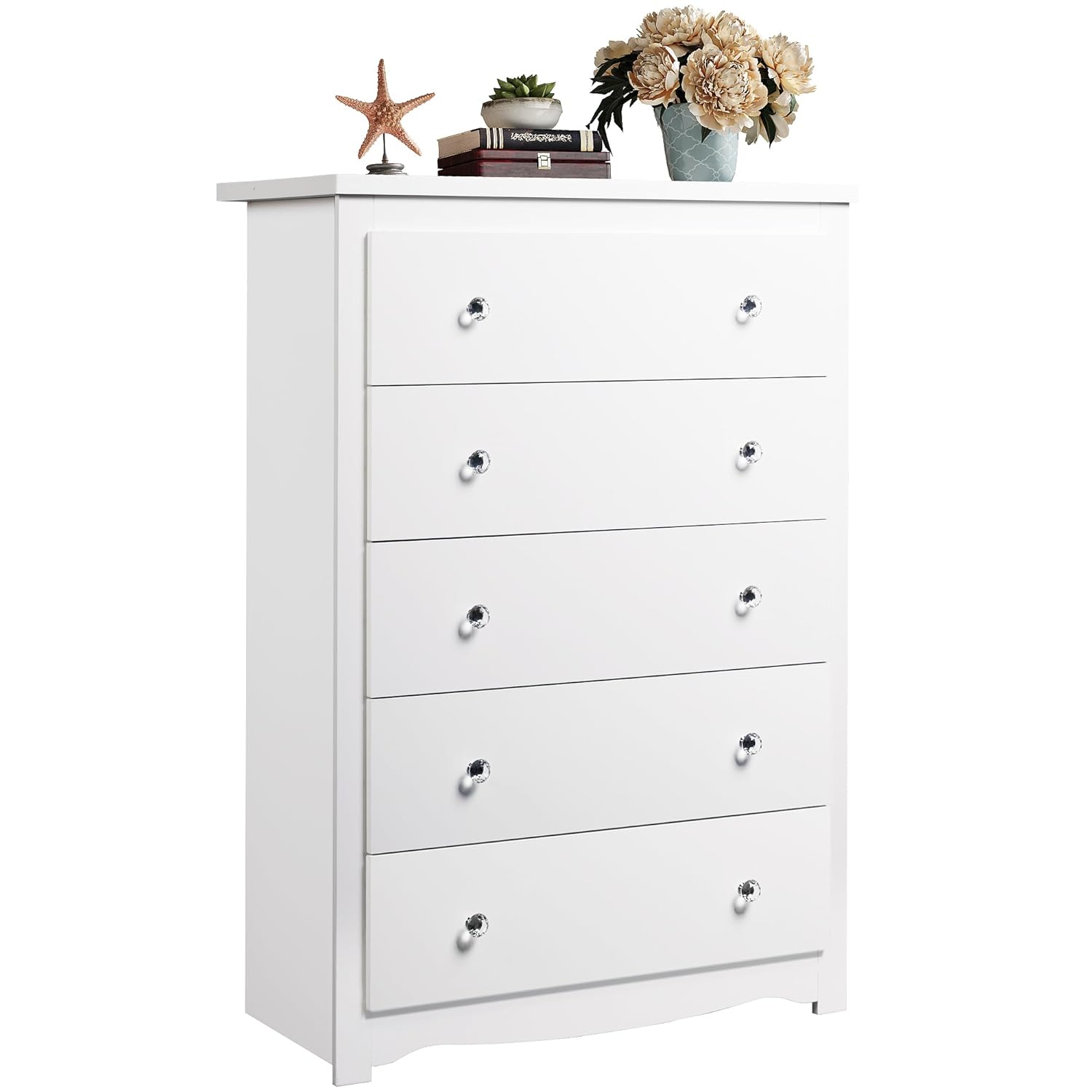 Drawer Dresser White - 寝室用ホワイトドレッサー、高さ45インチ、5段木製チェスト、収納キャビネットとオーガナイザードロワー、カスタマイズ可能