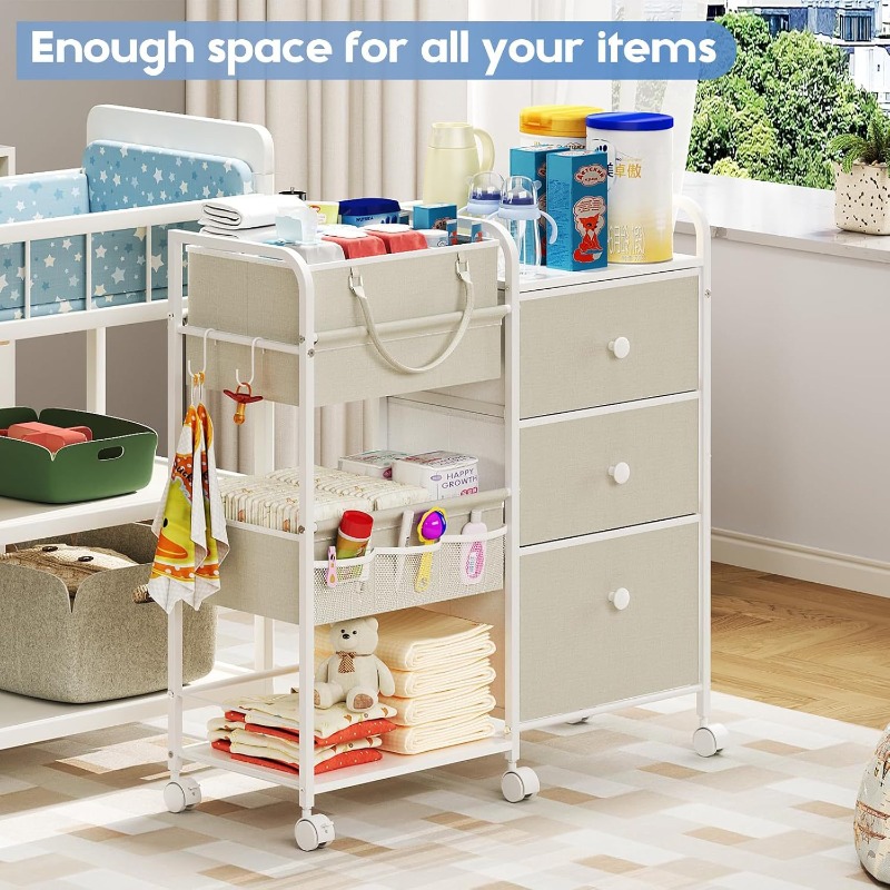 Baby Nursery Utility Cart - 大容量ベビーおむつオーガナイザーカート 3段モバイル収納引き出し 保育園用ローリングユーティリティタワー リビングルーム収納ラック