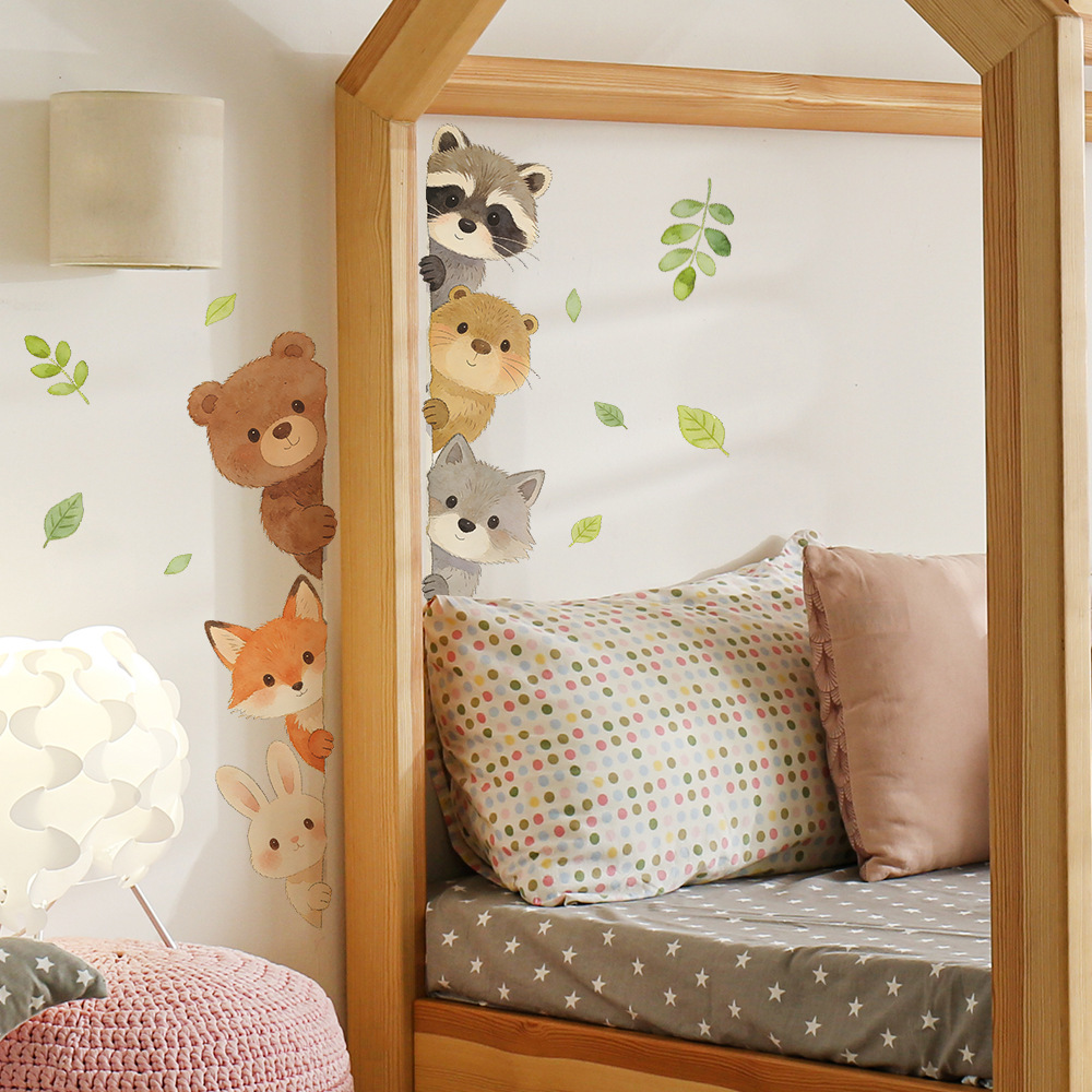 Baby Nursery Wallpaper Girl - かわいい森の動物の壁ステッカー子供部屋用男の子女の子ベビールーム装飾保育園壁紙ビニールクマバニーキツネ