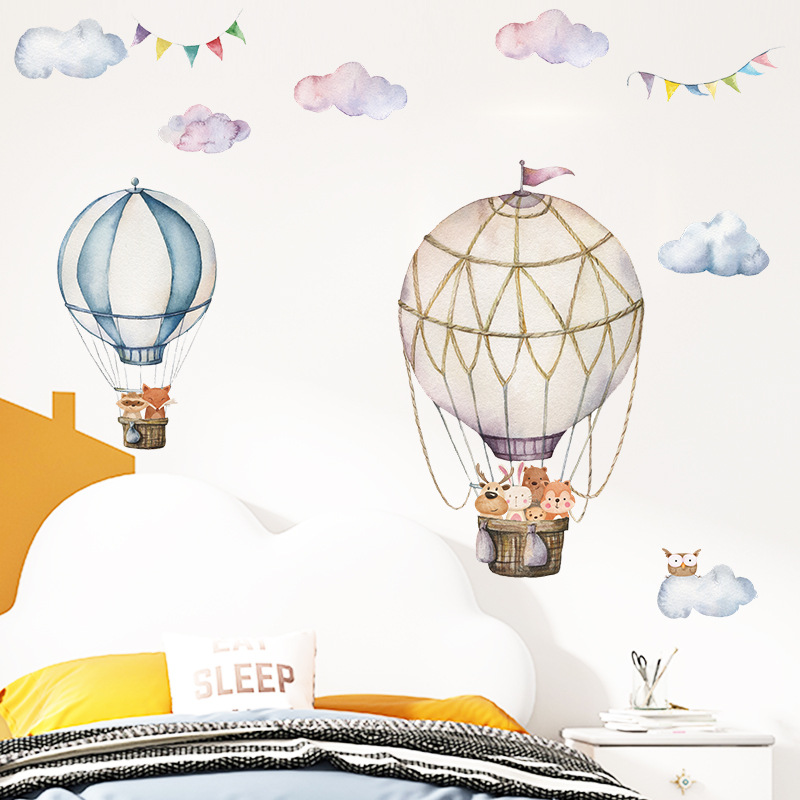 Baby Nursery Mural Wallpaper - 漫画の動物熱気球ウォールステッカーキッズルームの装飾ホーム壁画ベビーベッドルームリムーバブル保育園の装飾壁紙
