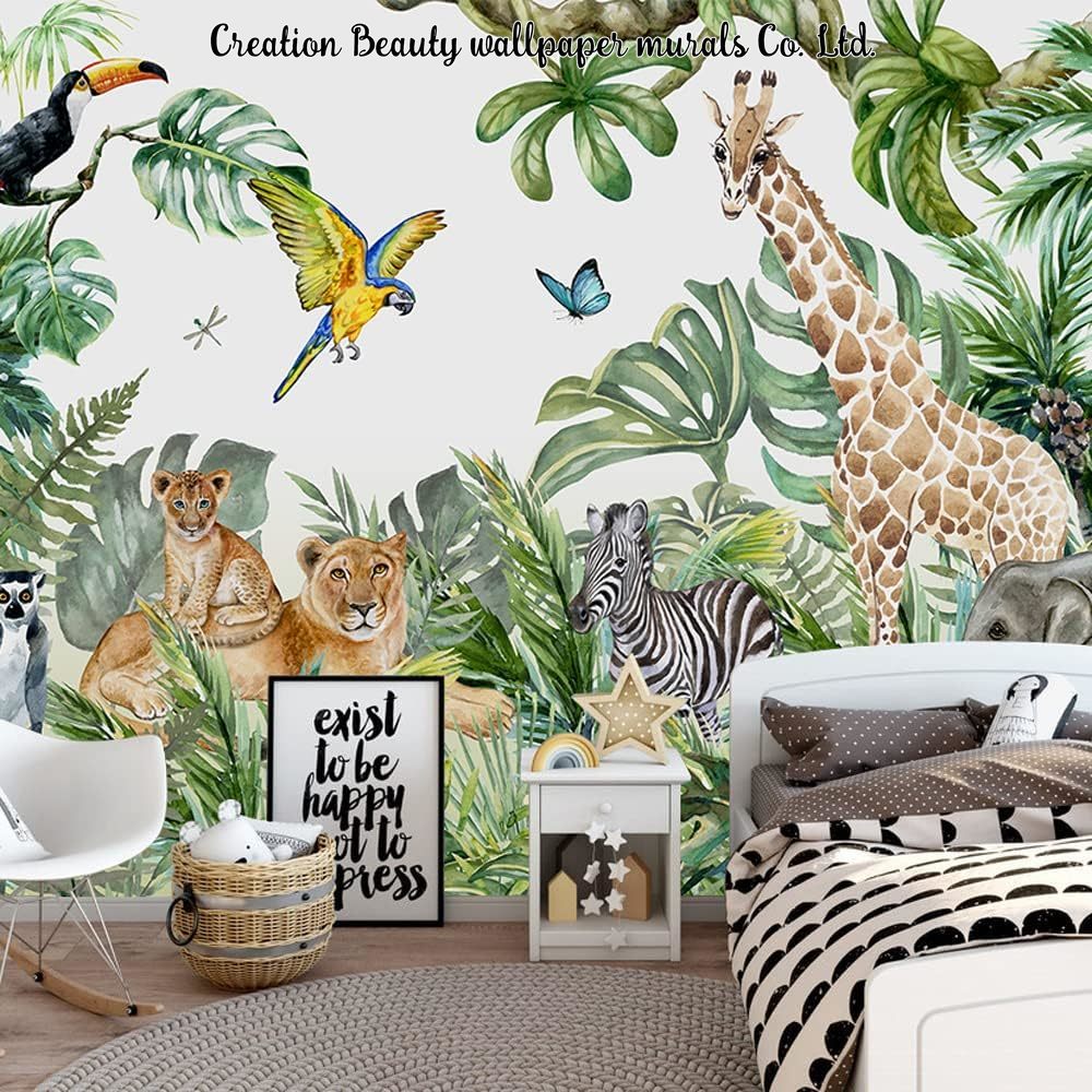 Baby Nursery Mural Wallpaper - 水彩動物ジャングル壁紙子供の寝室ベビールーム壁壁画保育園壁紙キッズルーム装飾パペルタピス