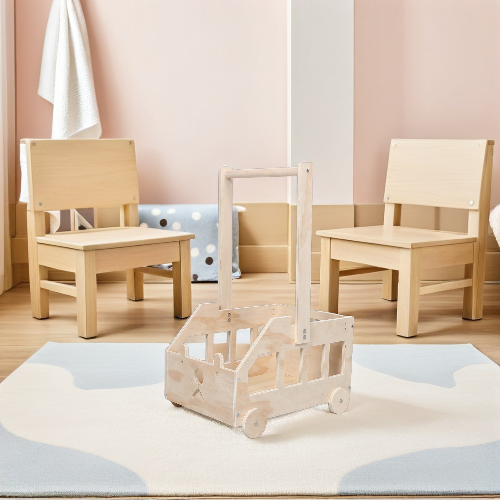 Baby Nursery Basket - 木製ベビーシャワー用収納箱（キャスター付き、高めの取っ手、多目的ナーサリー収納バスケット、クマ柄、ベビーシャワー用衣類収納）