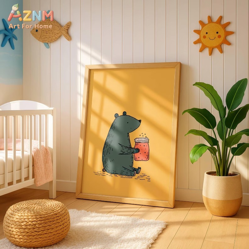 Baby Nursery Yellow - AZNM 漫画クマの蜂蜜瓶キャンバスウォールアート暖かい黄色の背景かわいいアニマルプリントフレームなしキャンバスボヘミアンキッズベビー保育園デコ
