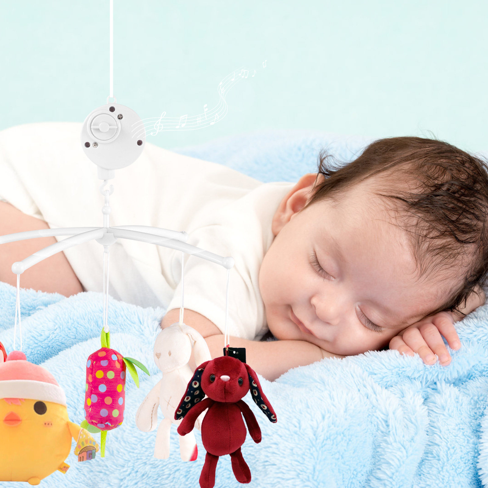 Baby Nursery Hooks - 1個入りベビーミュージックボックス、白いプラスチック製ホルダー、回転フック、一時停止機能付き、DIYナーサリーモバイル、ベビーベッドベル、幼児の発達を促すミュージカルボックス