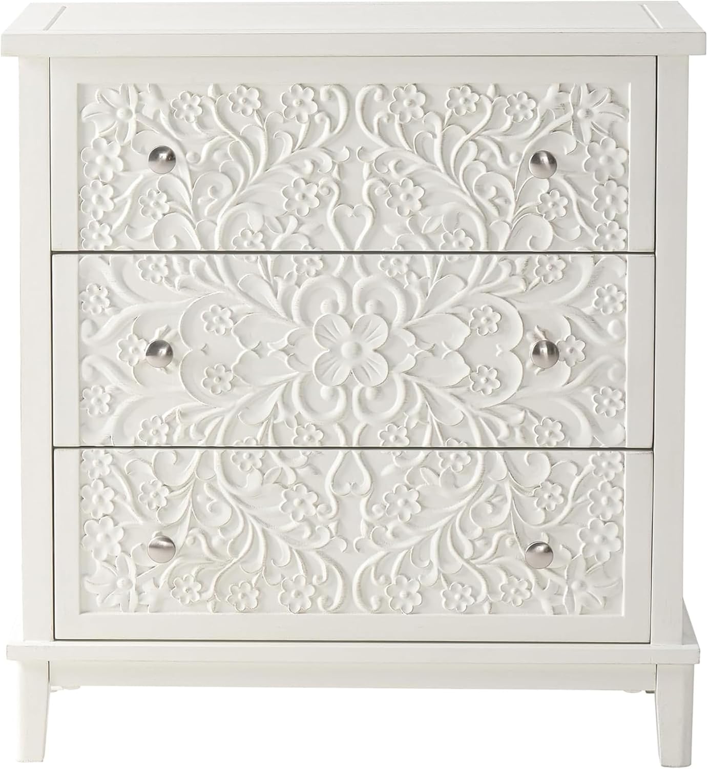 Drawer Dresser White - ホワイトウォッシュ加工の木製3段引き出し付き完成品ドレッサー、花柄付き、フレンチカントリー、ファームハウス、モダン、ラスティックスタイルに最適