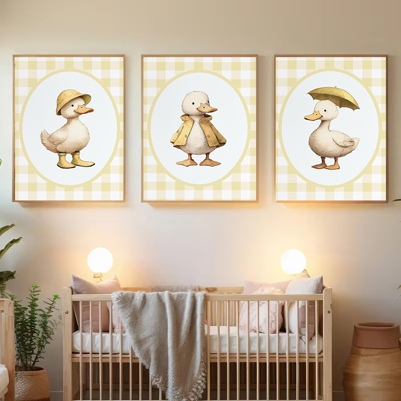 Baby Nursery Yellow - 愚かな保育園の小さなアヒル黄色のギンガムチェック柄ファームベビーアニマルポスターキャンバス絵画壁の絵家の保育室の装飾クアドロス