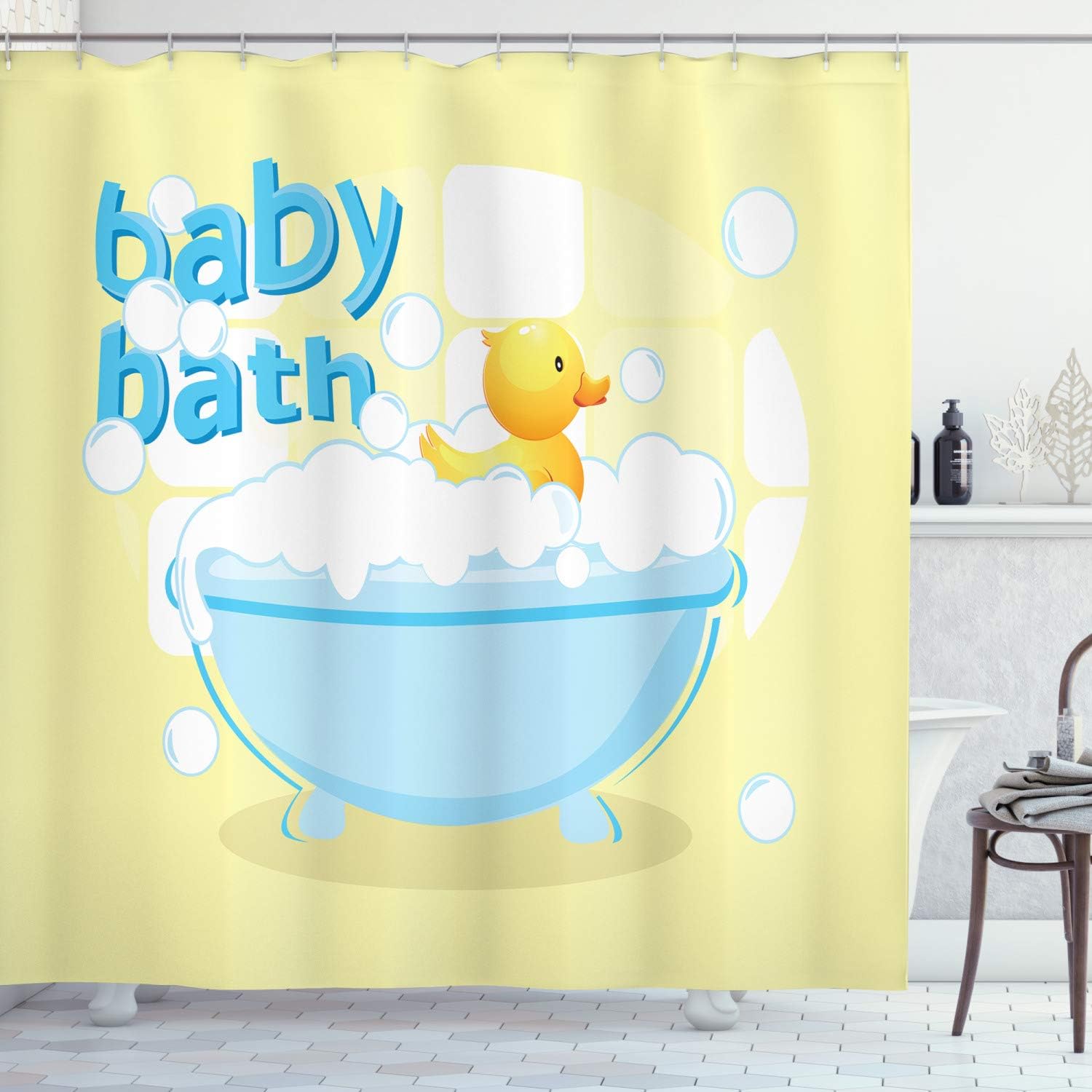 Baby Nursery Yellow - 黄色のベビーバスシャワーカーテン楽しいデザイン防水バスルームシャワーカーテン子供用保育園装飾用