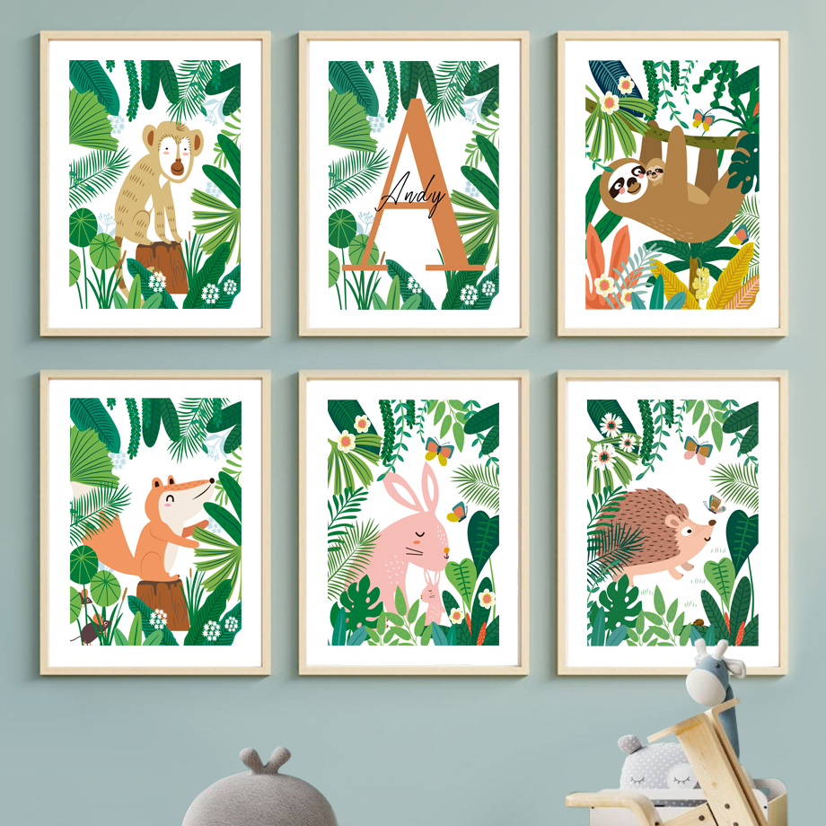 Baby Nursery Colors - ジャングルサファリ保育園ウォールアートキャンバスプリントカラフルな森の動物ポスター熱帯の葉ジェンダーニュートラルベビーボーイルームデコレーション