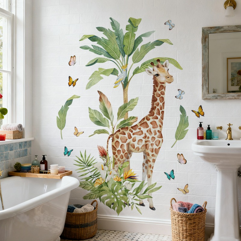 Baby Nursery Mural Wallpaper - 大型森林動物キリンウォールステッカー赤ちゃんの寝室の装飾保育園熱帯サファリキリン壁画デカール動物壁紙