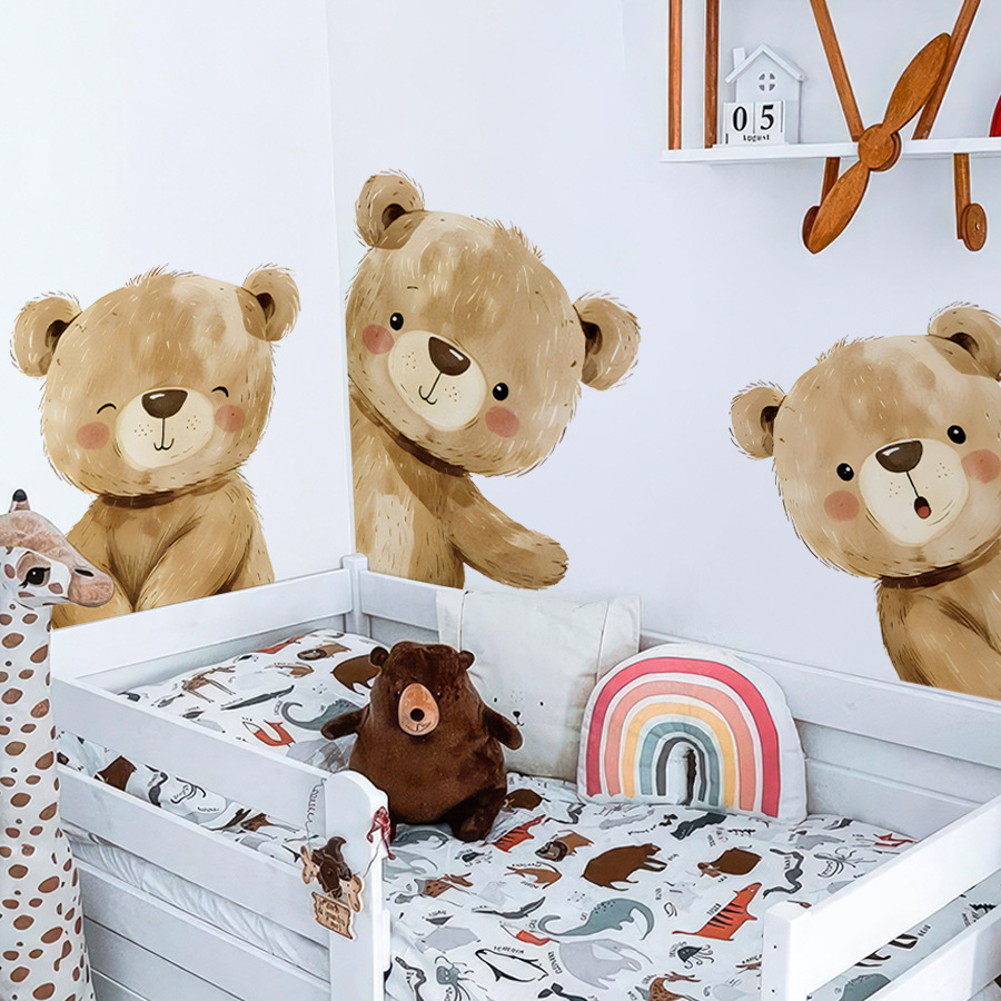 Baby Nursery Wallpaper Girl - かわいい漫画のクマの壁ステッカー子供部屋用女の子男の子ベビールーム装飾保育園壁紙自己粘着ビニール