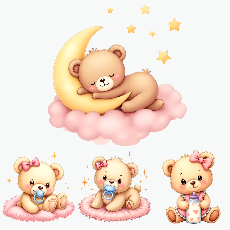 Baby Nursery Yellow - かわいいベビーベアのステッカーセット、柔らかなピンクと黄色の色、月、雲、星、蝶結びのデザインで、ベビー部屋の装飾や保育園に最適です。