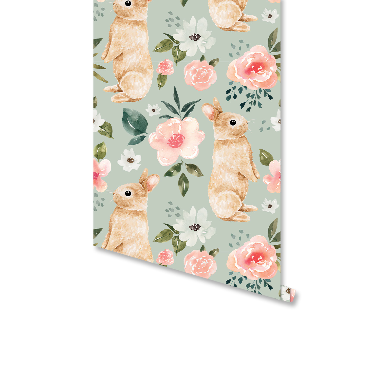 Baby Nursery Wallpaper Girl - セージグリーンバニー花柄壁紙ウサギピンクの花自己粘着リムーバブルコンタクトペーパー女の赤ちゃん保育園子供部屋の装飾用