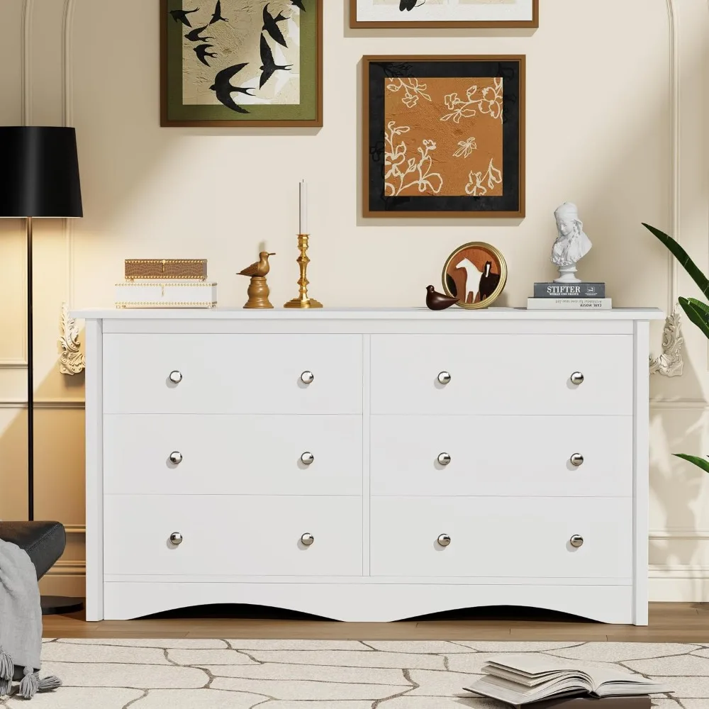 Drawer Dresser White - 新入荷！最安値！米国発送！モダンな白い木製ドレッサー（6段引き出し付き）/テレビ台（寝室、リビング、クローゼット、廊下収納用）
