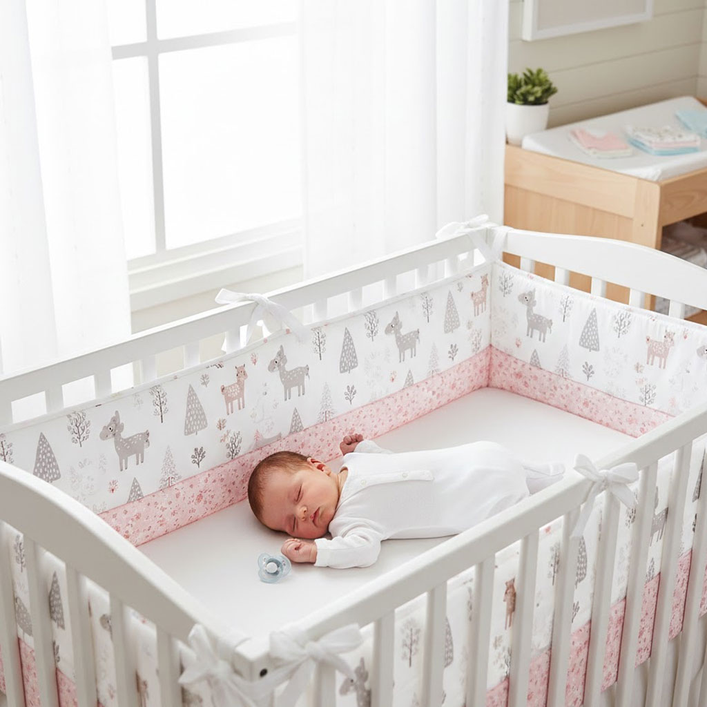 Baby Nursery Glider - ピンクのコットンベビーベッドバンパー ソフト衝突防止ベッドガード 120x30cm ベビーベッドプロテクター