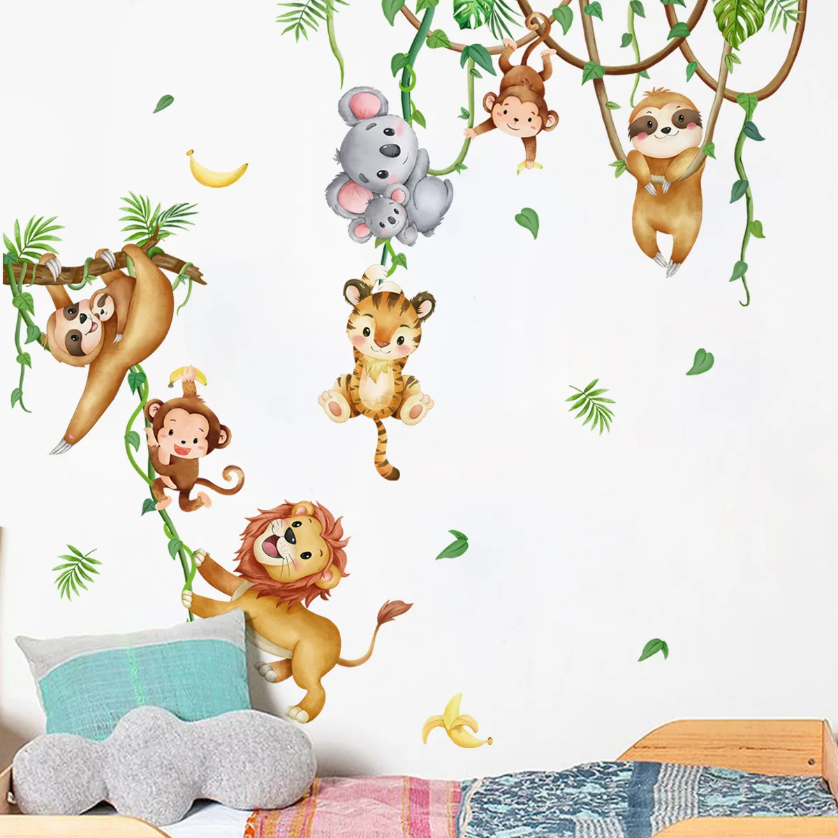Baby Nursery Wallpaper Girl - 森の動物ライオンナマケモノ猿の枝葉水彩ウォールステッカー女の子キッズルームベビー保育園壁飾り家の装飾