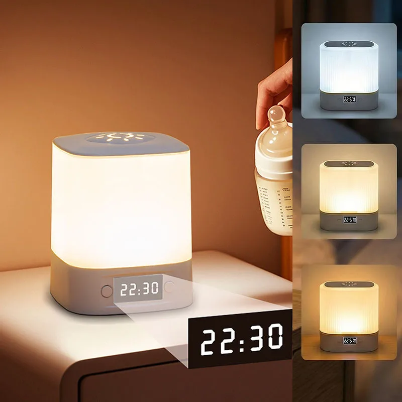 Baby Nursery Light - LEDナイトライトベッドサイドランプ、タッチリモコン付きポータブルベビーキッズナイトライト（時計付き）、3色調光可能、タイマーテーブルランプ