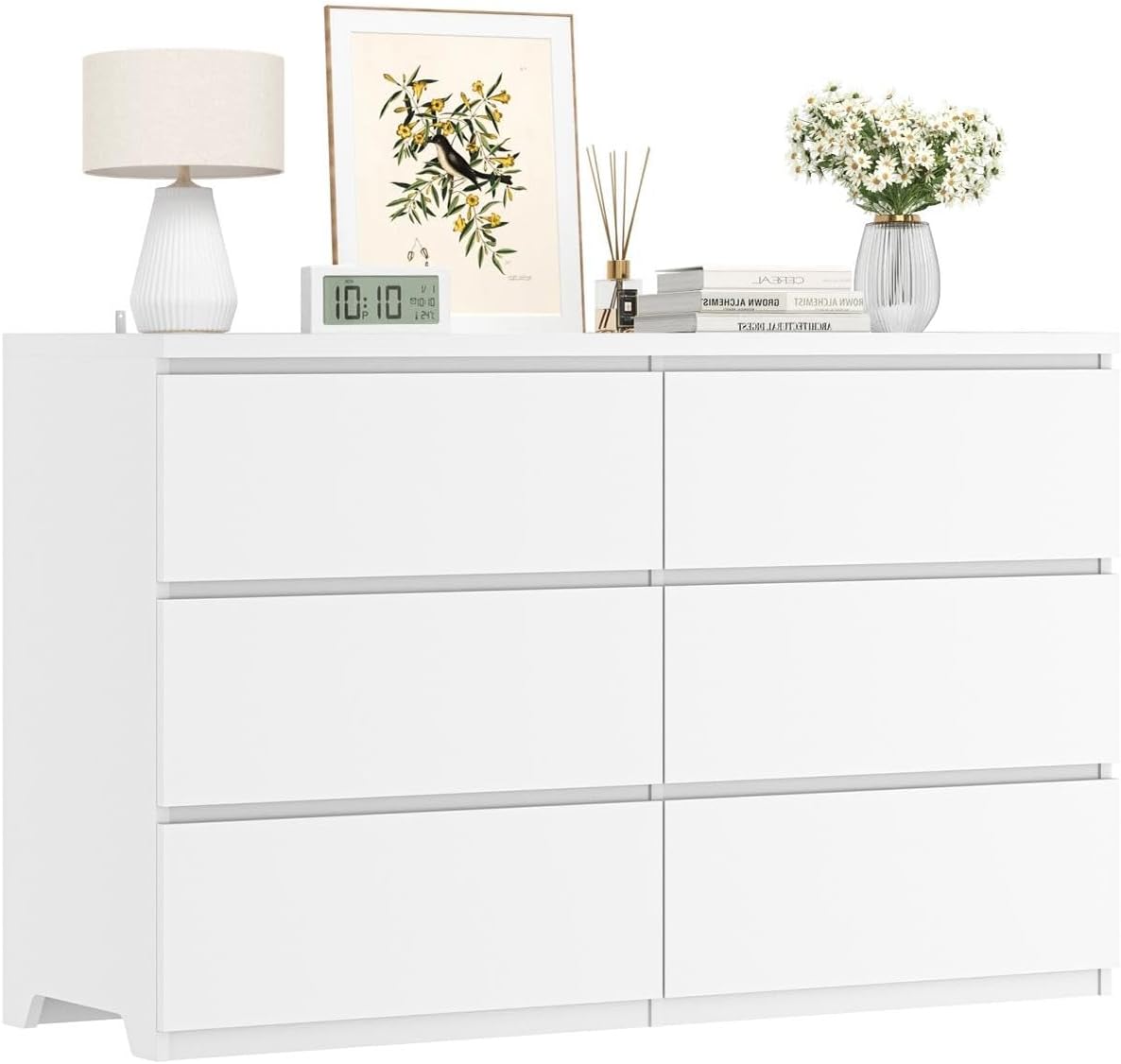 Drawer Dresser White - ホワイトウッド6段引き出しドレッサー、寝室用、深型引き出し、収納オーガナイザー