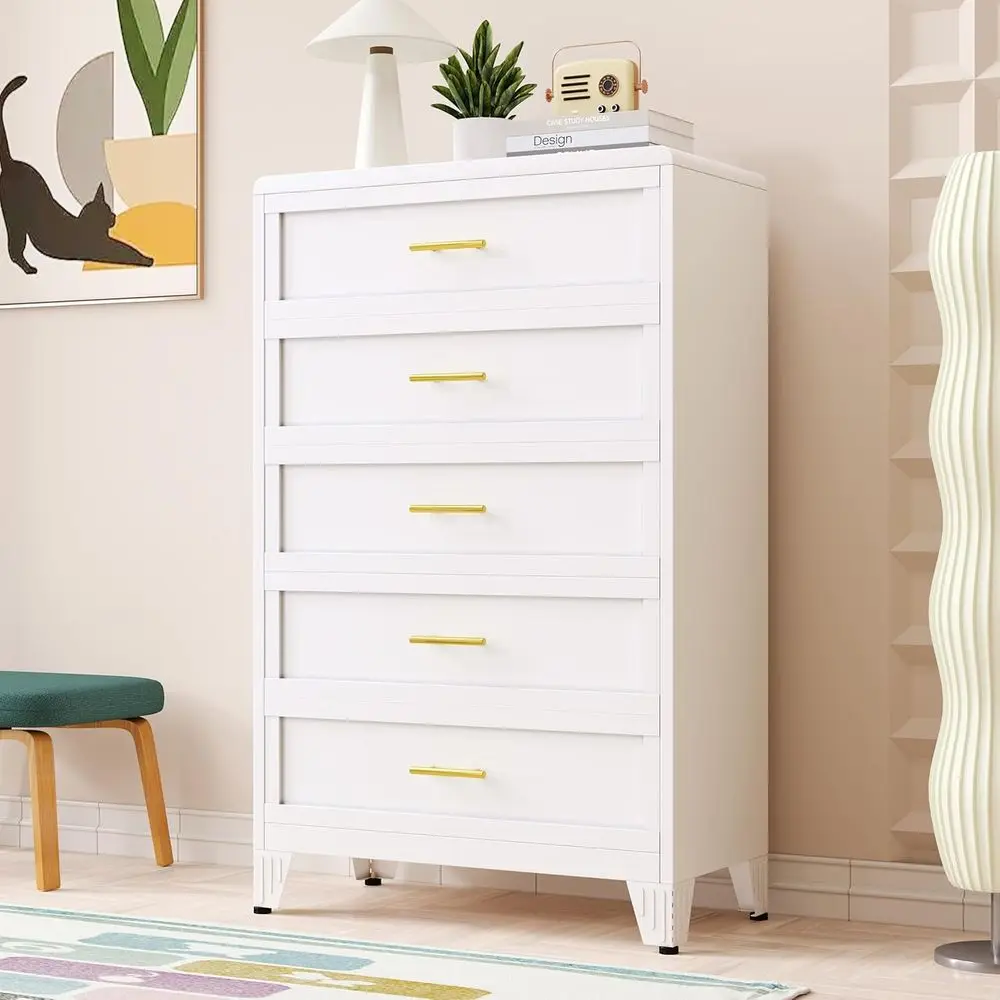 Drawer Dresser White - 5段引き出し付き寝室用ドレッサー、金属製ハンドル付き、リビングルームや廊下用の大型収納チェスト（ホワイト）