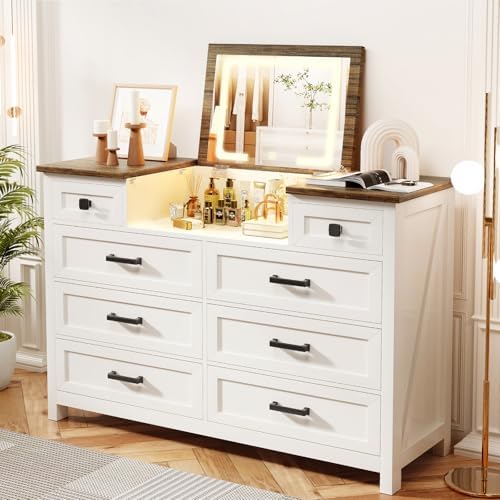 Drawer Dresser White - LEDミラー付きドレッサー、引き出し8個、ファームハウススタイル、寝室用、ホワイト | LEDミラー付きチェスト、白いドレッサー