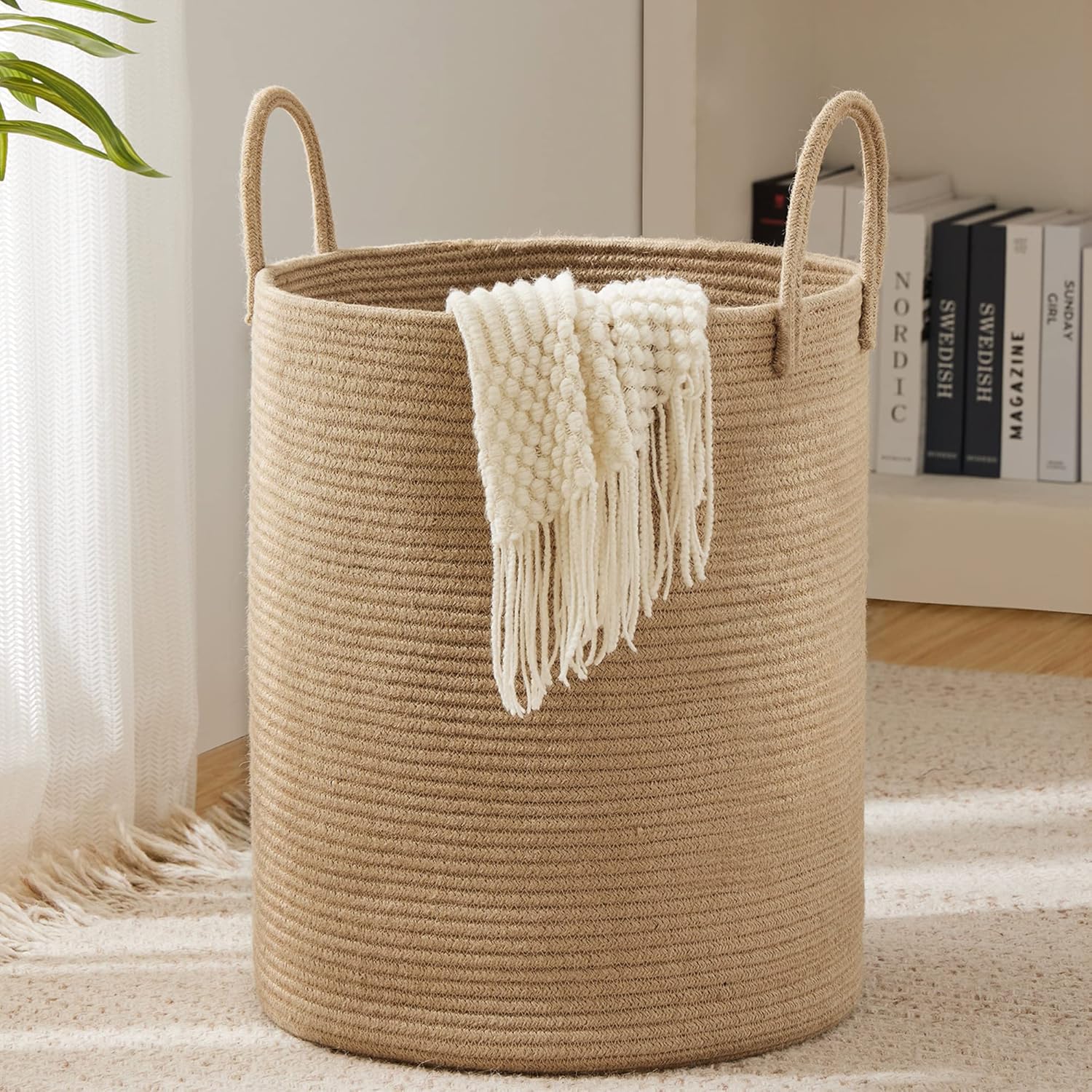Baby Nursery Basket - 大きな収納バスケット、背の高い装飾的なランドリーハンパー、ハンドル付き、折りたたみ式コットンロープ、衣類、子供のおもちゃ、リビングルーム用