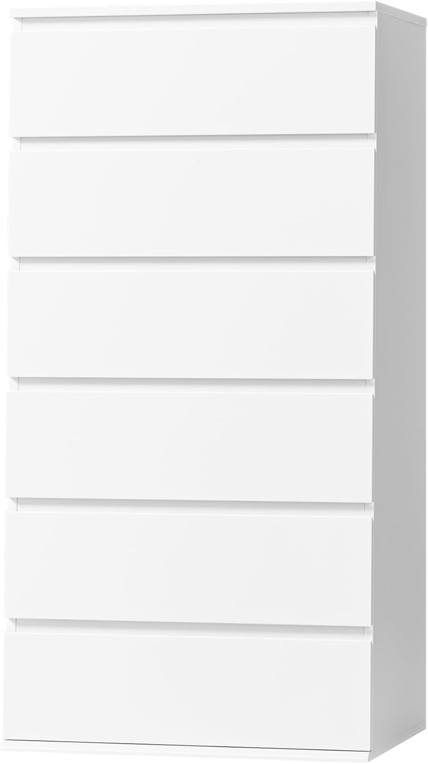 Drawer Dresser White - モダンな背の高い白い木製ドレッサー、家庭およびオフィス用、6段引き出し、金属製スライドレールとハンドルレスデザイン