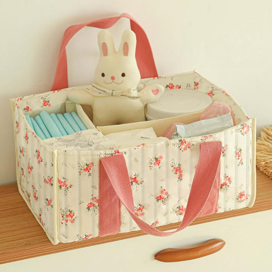 Baby Nursery Basket - 花柄おむつ収納オーガナイザー、仕切り付きポータブルベビー収納バスケット、新生児必需品のベビーシャワーギフト