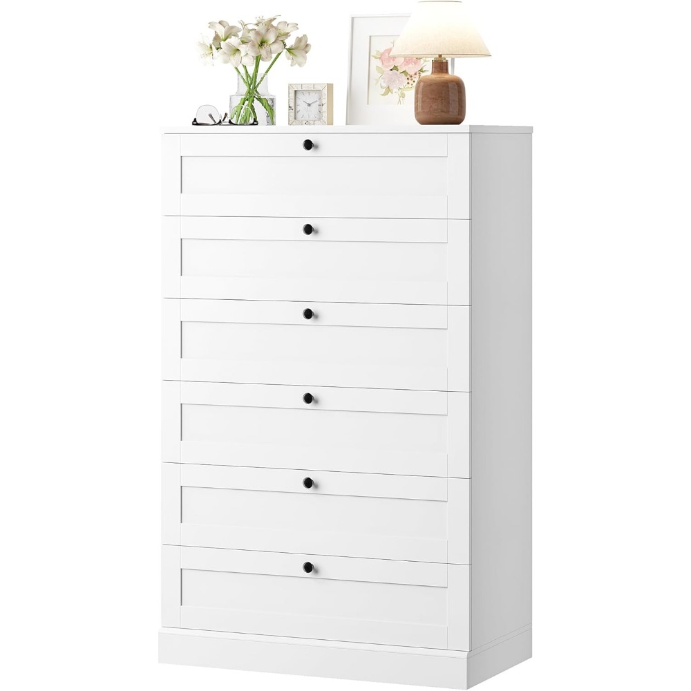 Drawer Dresser White - 寝室用の絶妙な白い6段チェスト、高さ52インチのチェスト＆引き出し、幅29インチの木製チェスト、モダンな縦型収納