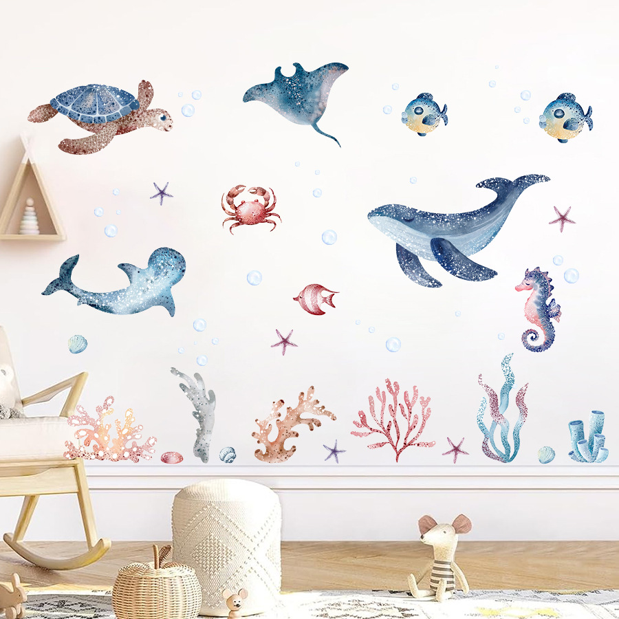 Baby Nursery Under The Sea - ウミガメとタツノオトシゴのウォールステッカー,海の世界の下で素晴らしい,保育園のステッカー,赤ちゃんの寝室の装飾,サンゴ,クジラ