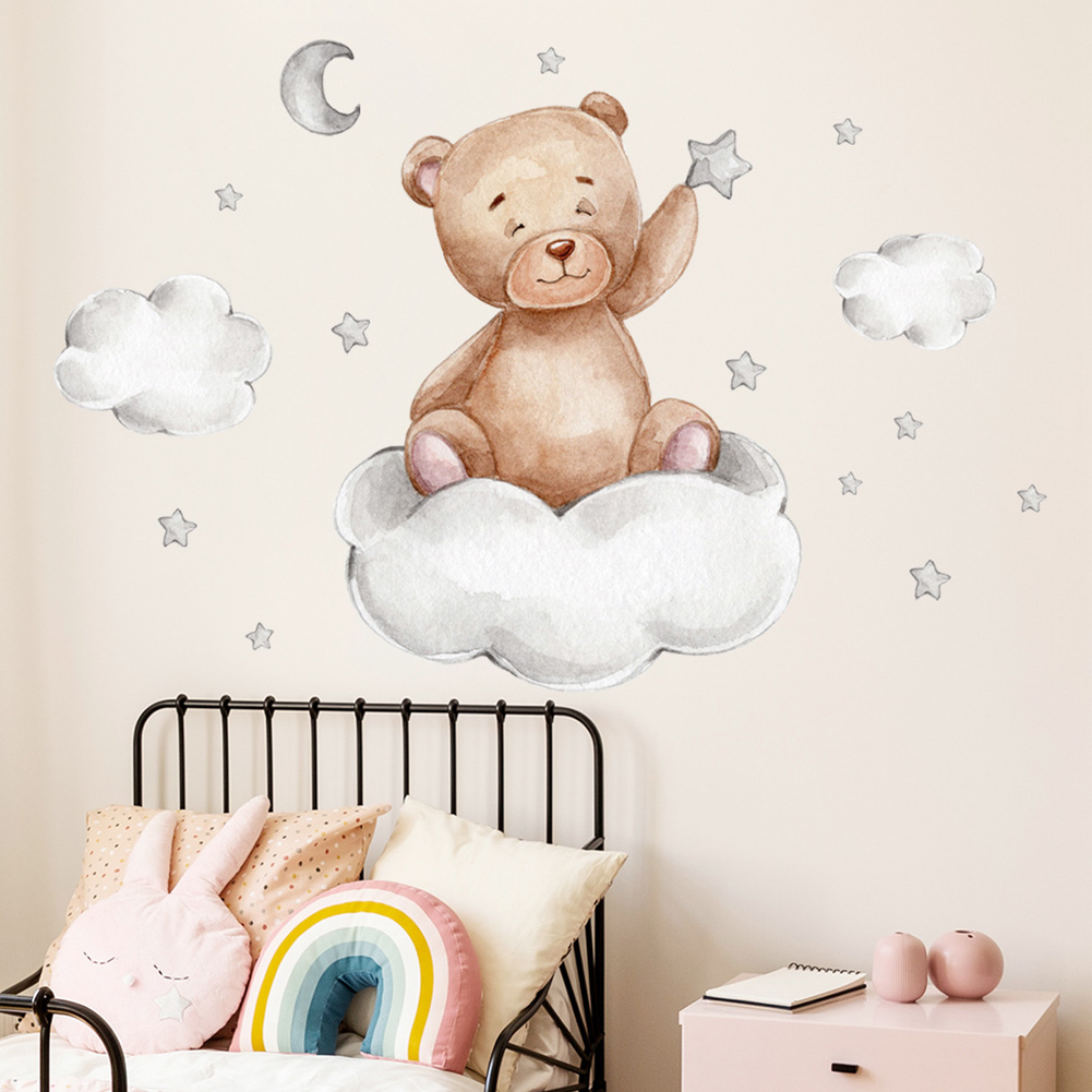 Baby Nursery Mural Wallpaper - クマ月雲星ウォールステッカーベビールームの背景装飾壁画子供の寝室リビングルームの装飾保育園壁紙