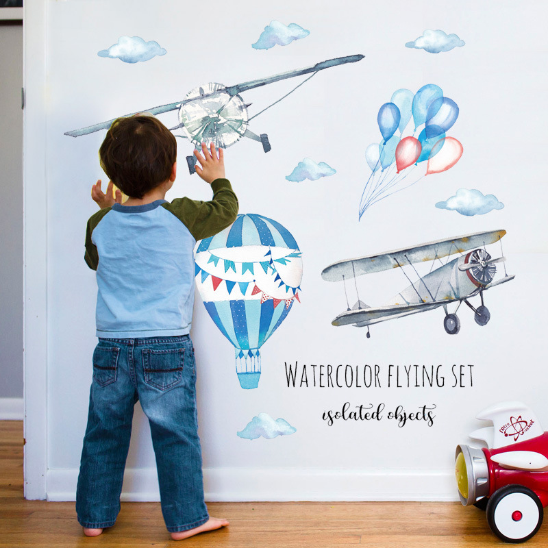 Baby Nursery Mural Wallpaper - 水彩飛行機熱気球ウォールステッカーベビールーム家の装飾 PVC 壁画子供の寝室の装飾デカール保育園壁紙