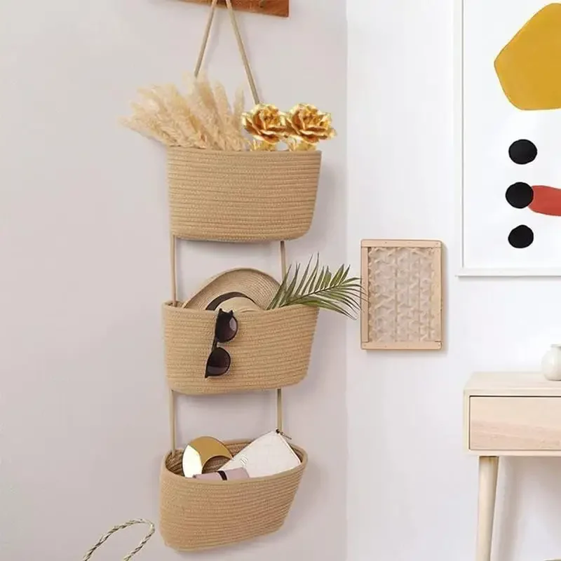 3段式織り綿製吊り下げ収納バスケット、ドア掛け壁掛けオーガナ - Baby Nursery Hooks のレビューと価格