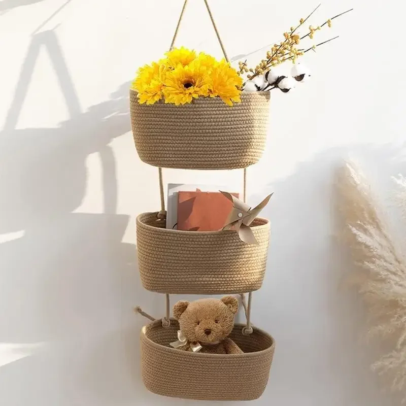 3段式織り綿製吊り下げ収納バスケット、ドア掛け壁掛けオーガナ - Baby Nursery Hooks のレビューと価格