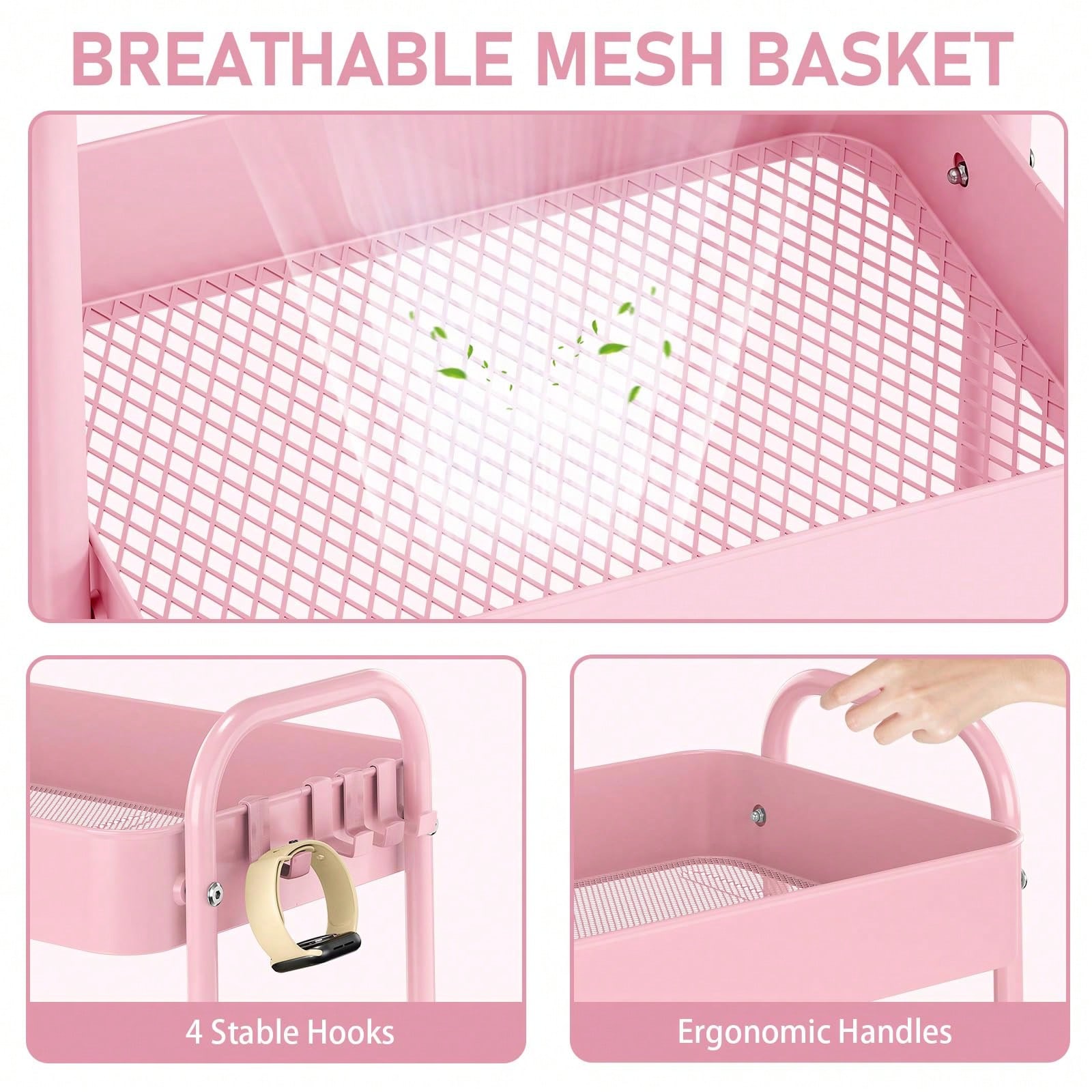 3段式メタルローリングカート（車輪付き）モダンなピンクのユー - Baby Nursery Basket のレビューと価格