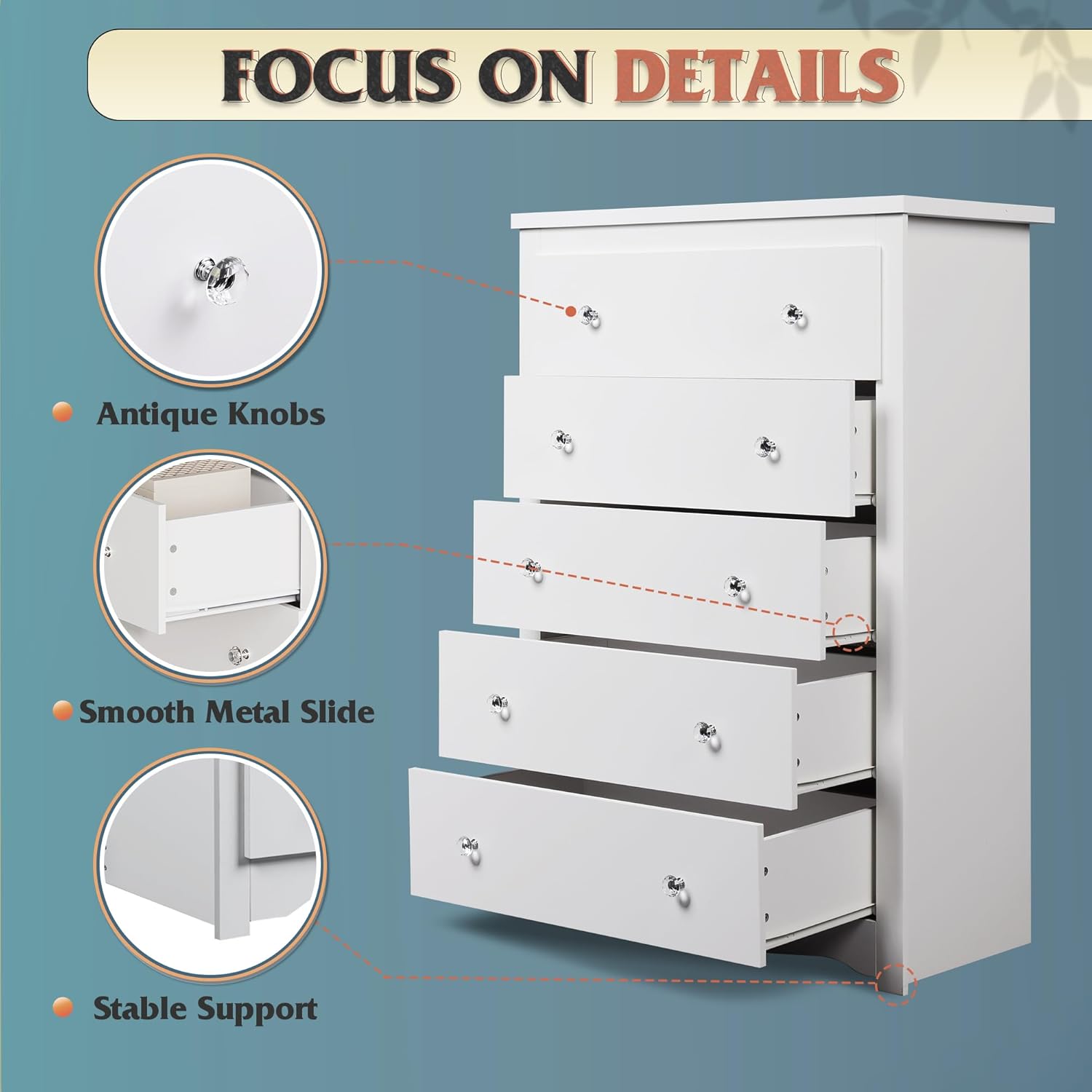 寝室用ホワイトドレッサー、高さ45インチ、5段木製チェスト、 - Drawer Dresser White のレビューと価格
