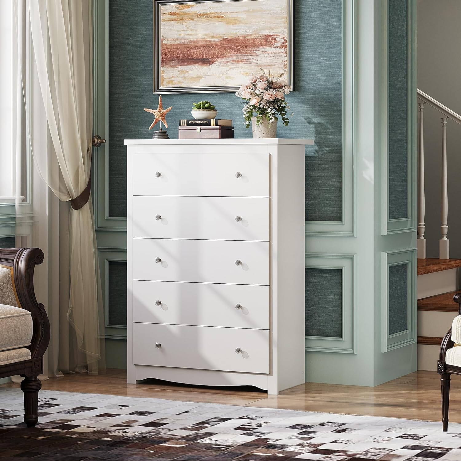 寝室用ホワイトドレッサー、高さ45インチ、5段木製チェスト、 - Drawer Dresser White のレビューと価格