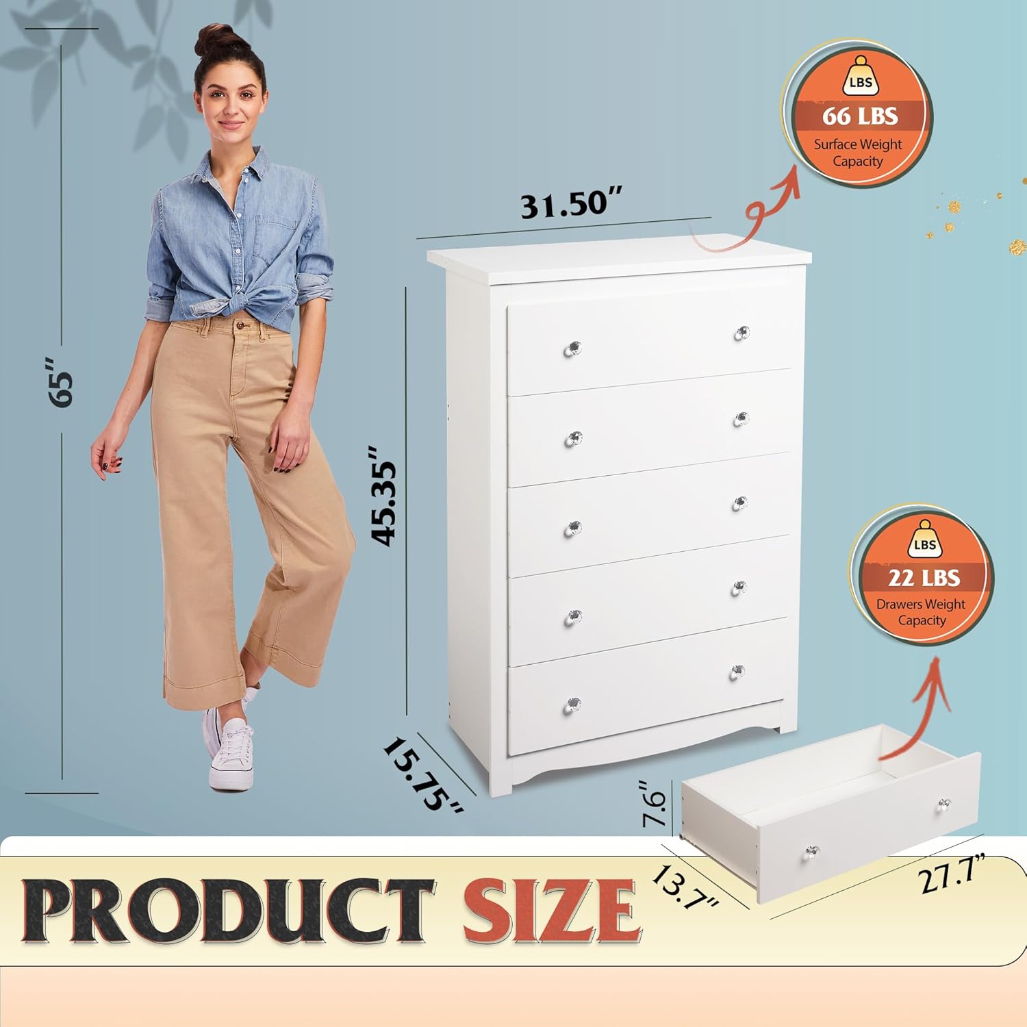 寝室用ホワイトドレッサー、高さ45インチ、5段木製チェスト、 - Drawer Dresser White のレビューと価格