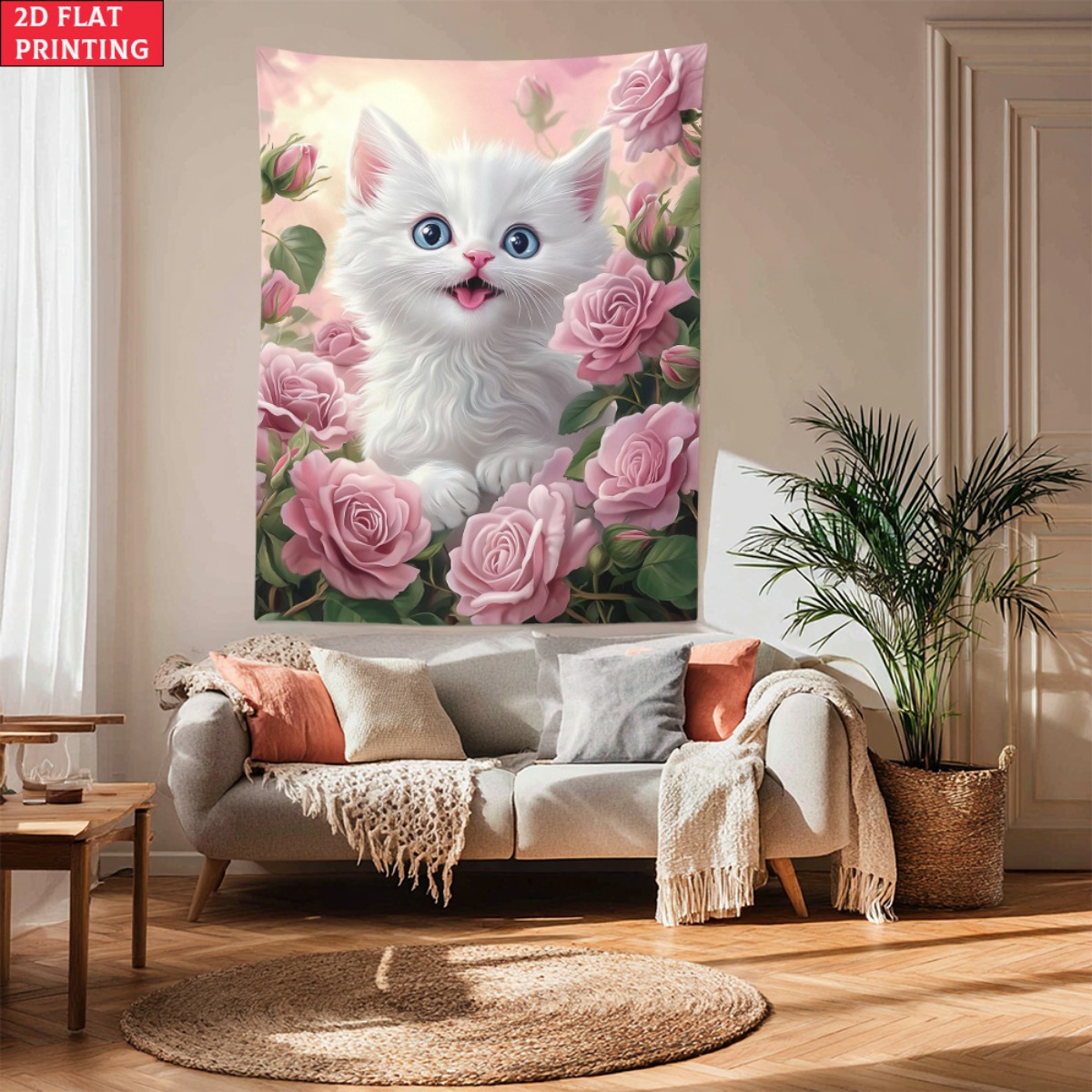かわいい白い子猫のバラの庭のタペストリー、花柄の猫のアート、 - Baby Nursery Colors のレビューと価格