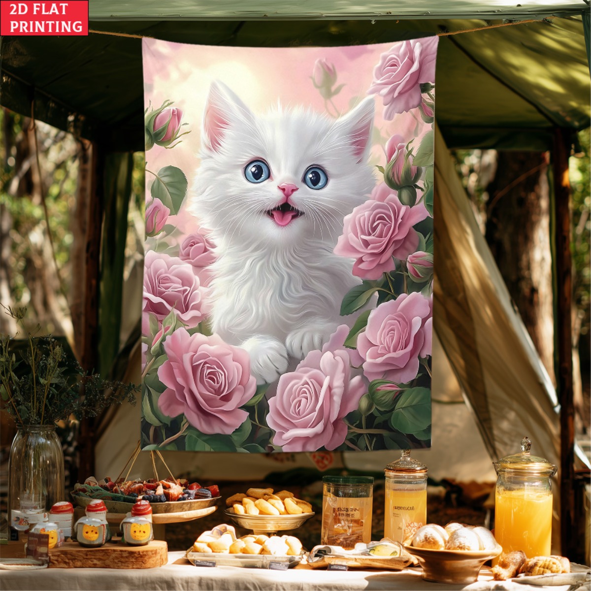 かわいい白い子猫のバラの庭のタペストリー、花柄の猫のアート、 - Baby Nursery Colors のレビューと価格