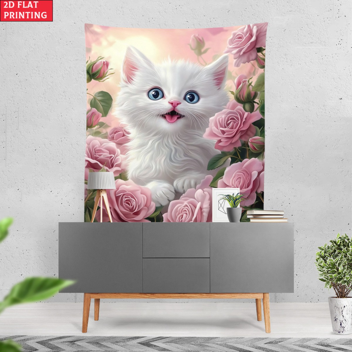 かわいい白い子猫のバラの庭のタペストリー、花柄の猫のアート、 - Baby Nursery Colors のレビューと価格