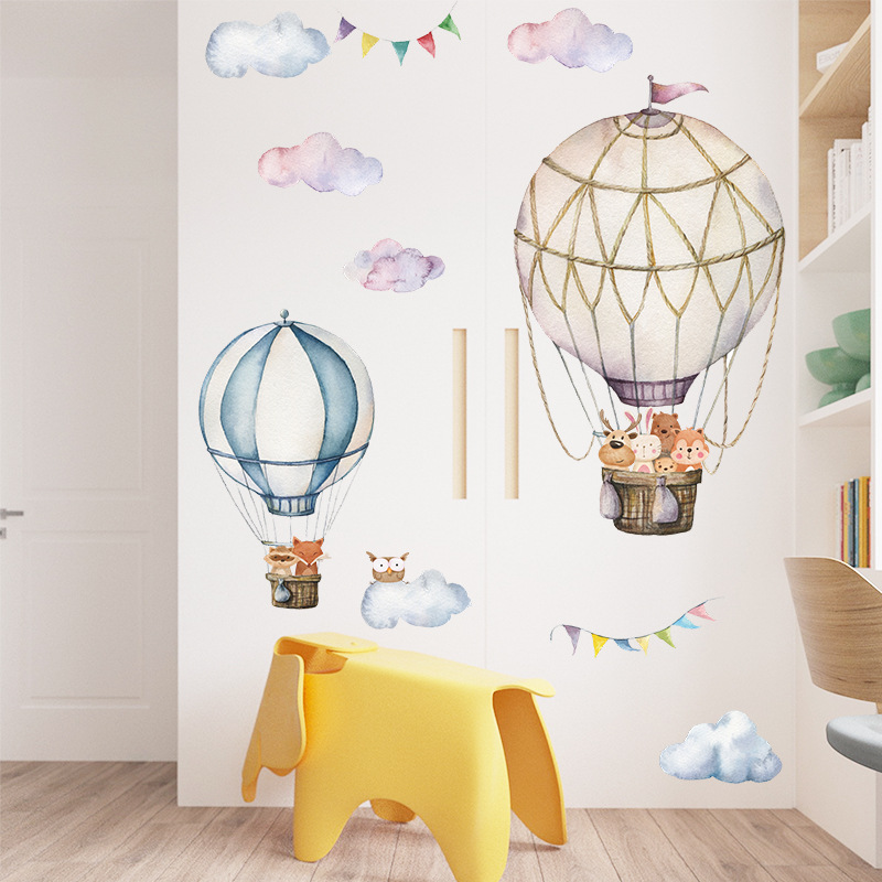 漫画の動物熱気球ウォールステッカーキッズルームの装飾ホーム壁 - Baby Nursery Mural Wallpaper のレビューと価格