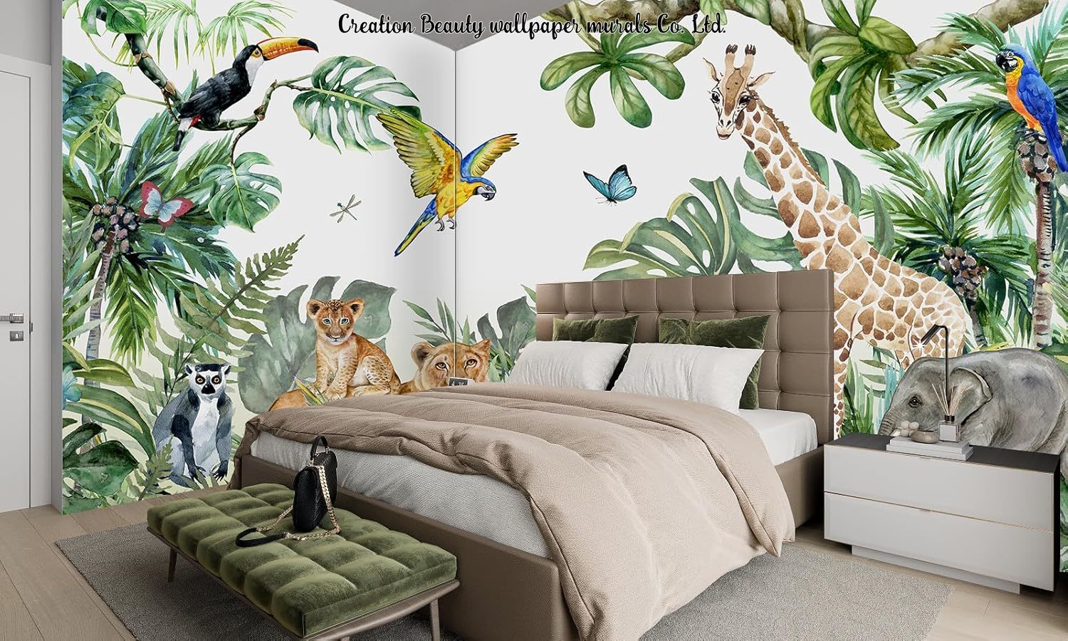水彩動物ジャングル壁紙子供の寝室ベビールーム壁壁画保育園壁紙 - Baby Nursery Mural Wallpaper のレビューと価格