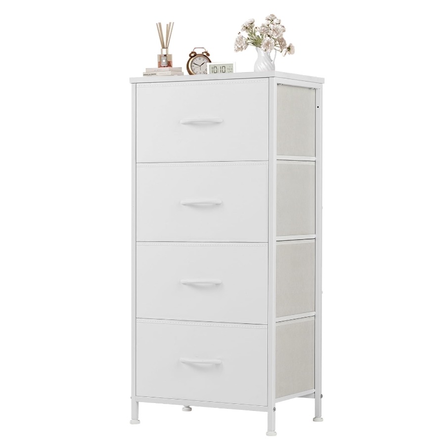 4段引き出しファブリック製ドレッサー収納チェスト 寝室クロー - Drawer Dresser White のレビューと価格