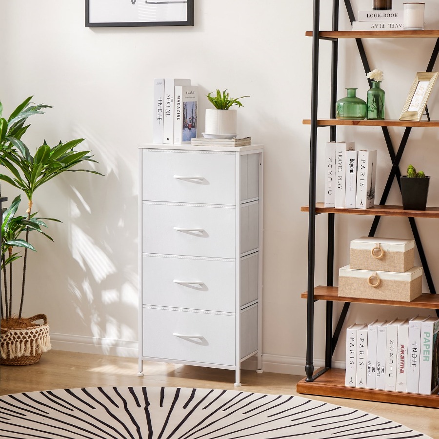 4段引き出しファブリック製ドレッサー収納チェスト 寝室クロー - Drawer Dresser White のレビューと価格