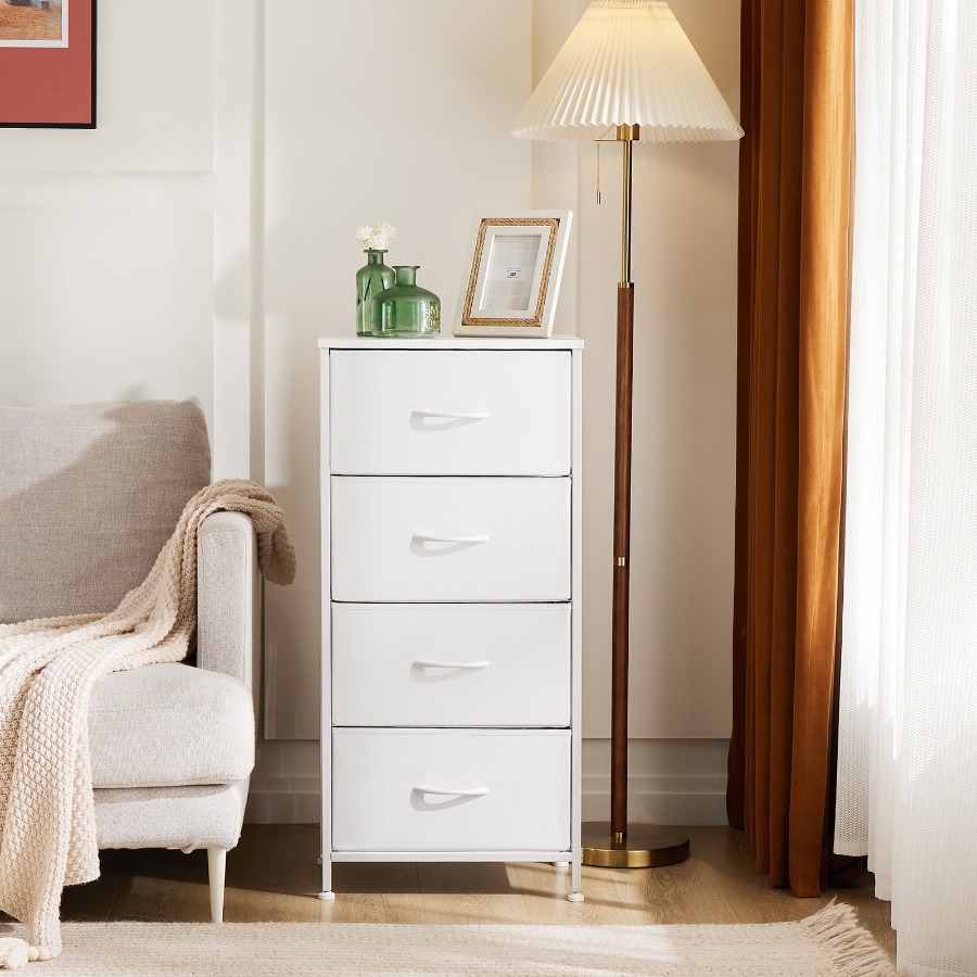 4段引き出しファブリック製ドレッサー収納チェスト 寝室クロー - Drawer Dresser White のレビューと価格