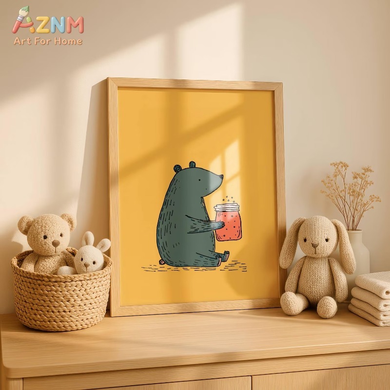 AZNM 漫画クマの蜂蜜瓶キャンバスウォールアート暖かい黄色 - Baby Nursery Yellow のレビューと価格
