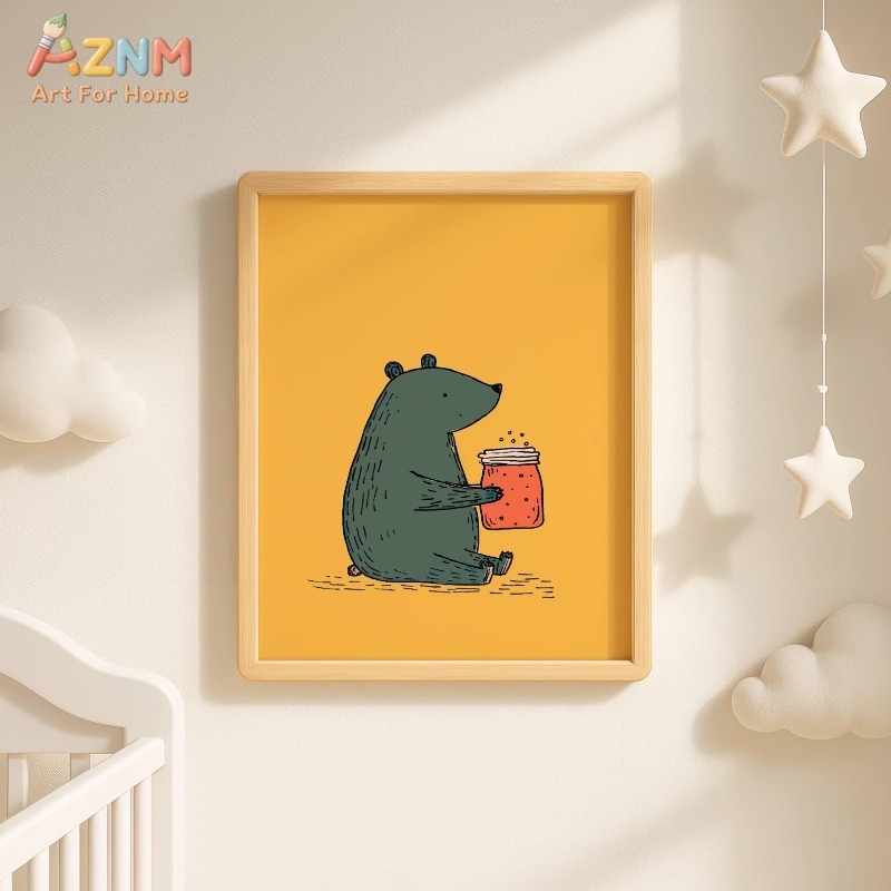 AZNM 漫画クマの蜂蜜瓶キャンバスウォールアート暖かい黄色 - Baby Nursery Yellow のレビューと価格