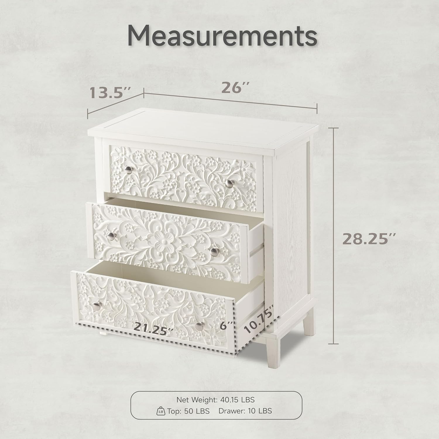 ホワイトウォッシュ加工の木製3段引き出し付き完成品ドレッサー - Drawer Dresser White のレビューと価格